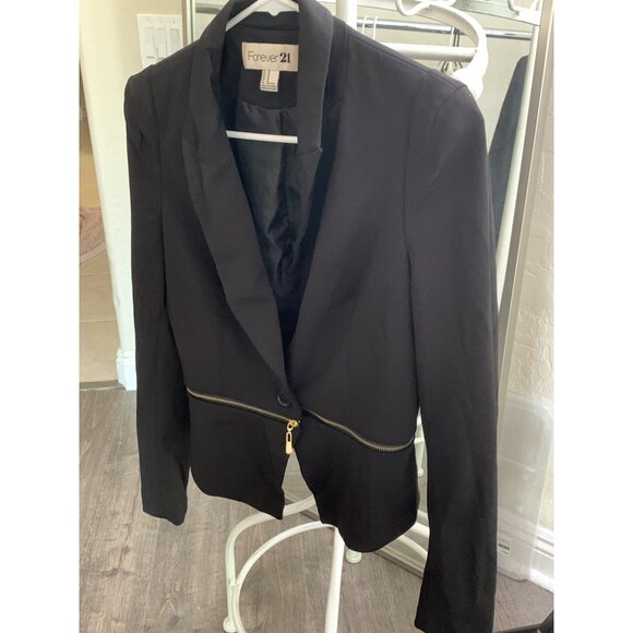 Forever21 Black Fitted Blazer Jacket M Zip Away Hem Crop RY10373 - Picture 2 of 9